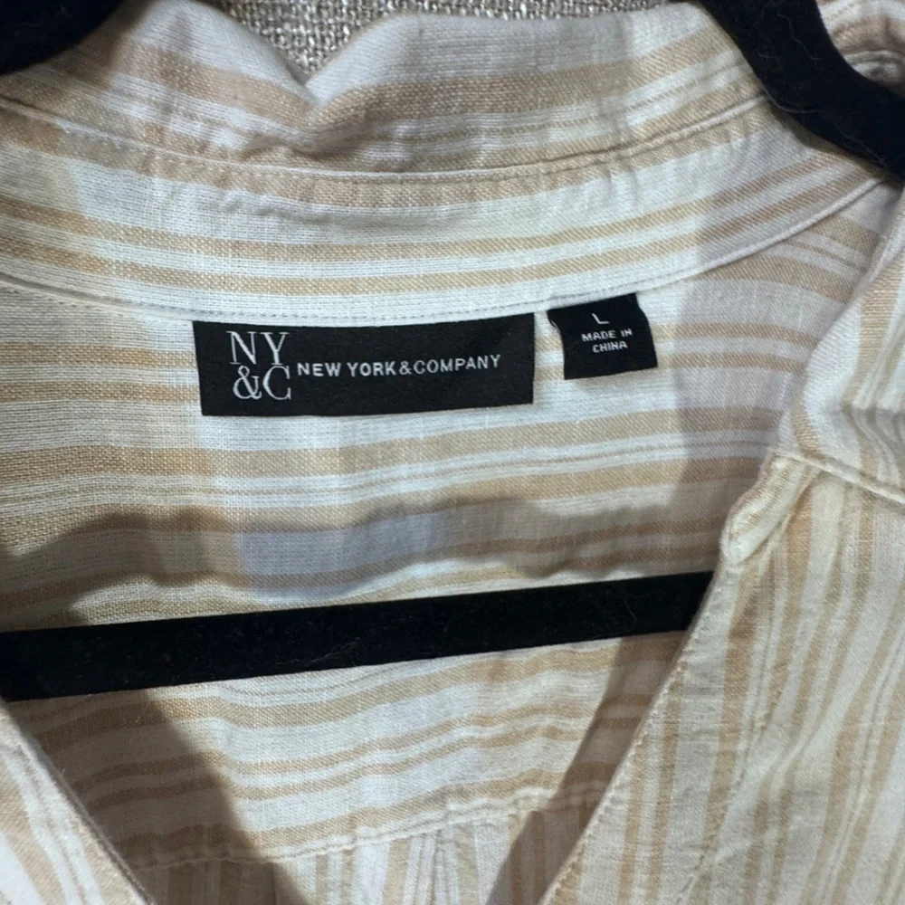 New York & Company Linen/Viscose Striped beige cream button up shirt dress Large - Picture 6 of 10